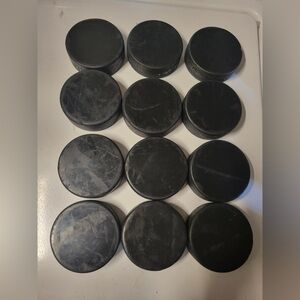 Lot of 12 Blank Black Ice Hockey Pucks Slightly Used